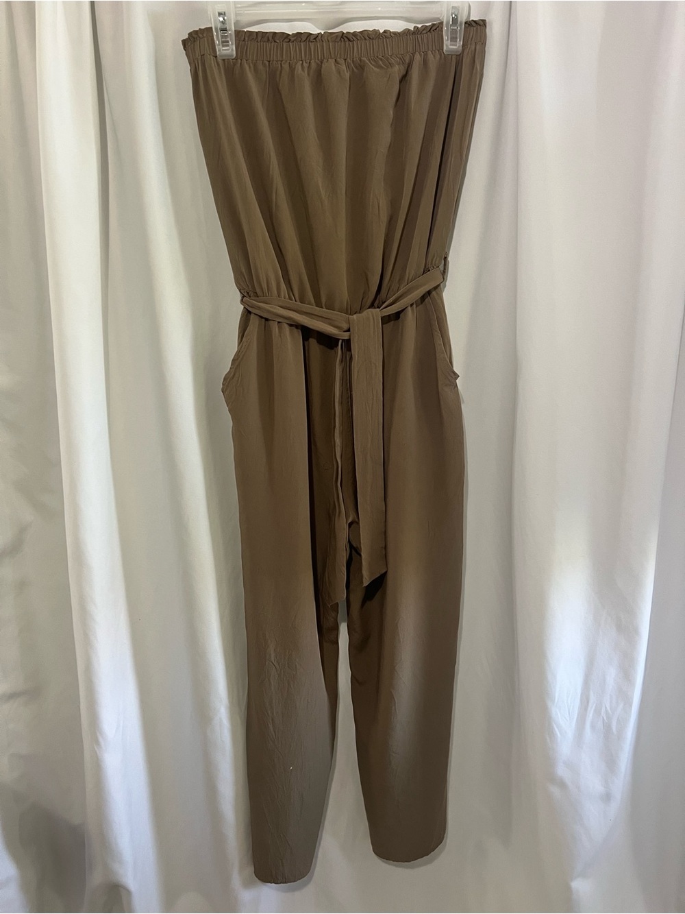 Strapless Belted Jumpsuit khaki green pockets size S